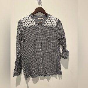 Linda Anderson Size Small Roll Tab Sleeve Black White Gingham Check Cottagecore